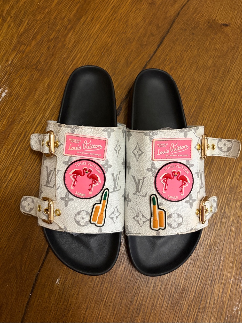Louis Vuitton White Monogram Buckle Slide Sandals with Pink Patches